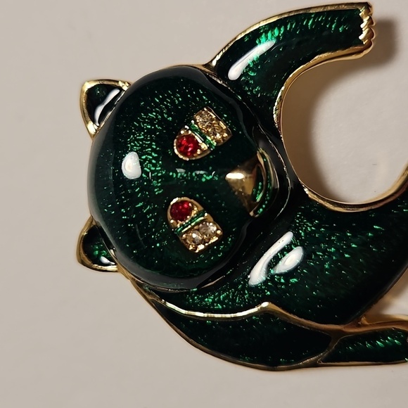 Enamel Panda Bear with Green Body & Clear & Red Rhinestone Eyes Brooch - Picture 2 of 6